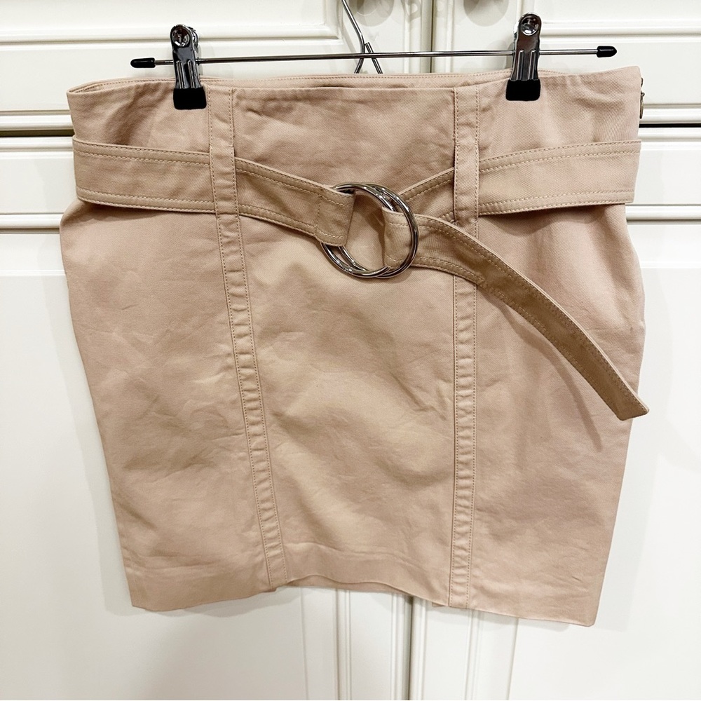 Prada Made Italy Designer Women’s Tan Khaki Silver Circle Ring Belted Mini Skirt